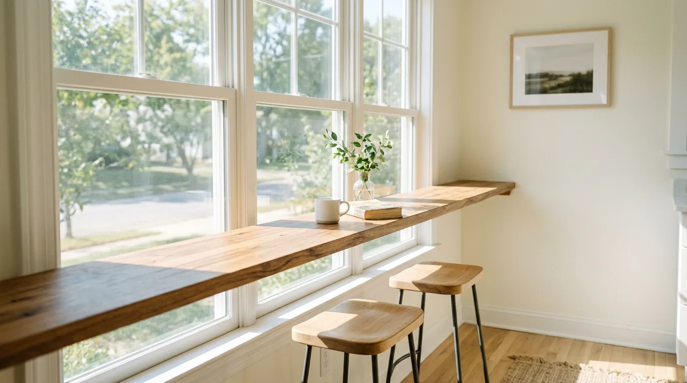 Compact breakfast bar corner with seating for two in a small kitchen.