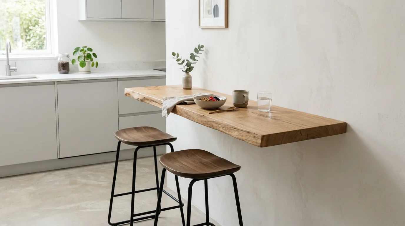 Window-side breakfast bar in a small kitchen with stools and natural light.