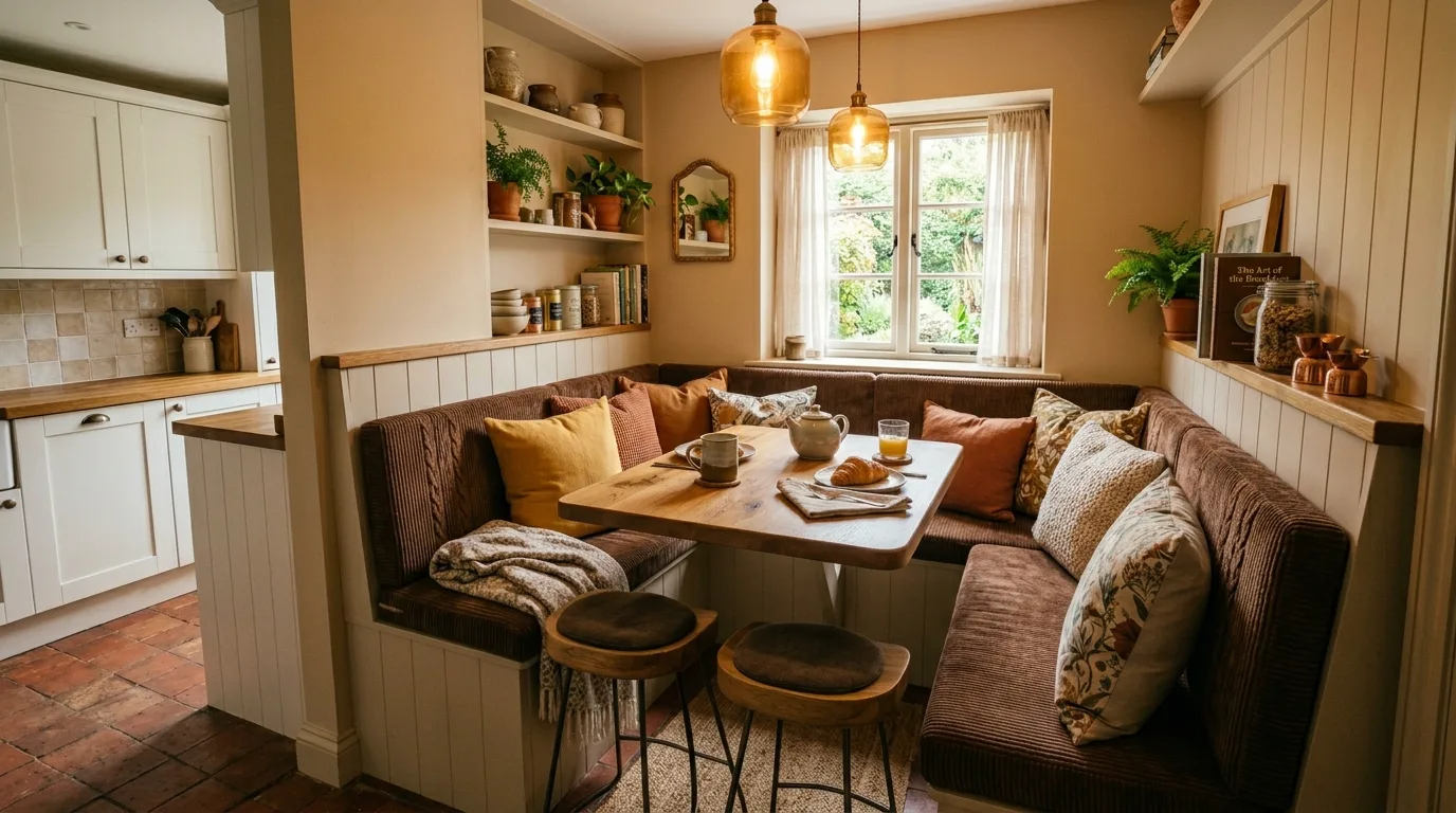 Narrow butcher-block breakfast bar shelf in a cozy small kitchen.