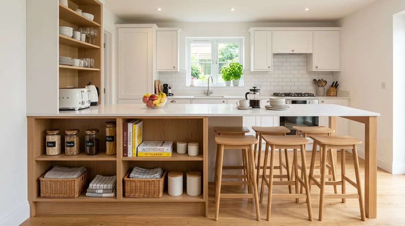 Airy breakfast bar with open support legs in a small kitchen.