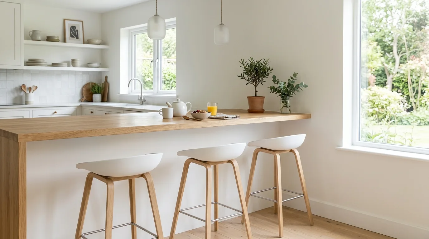 Wraparound breakfast bar counter maximizing a small kitchen corner.