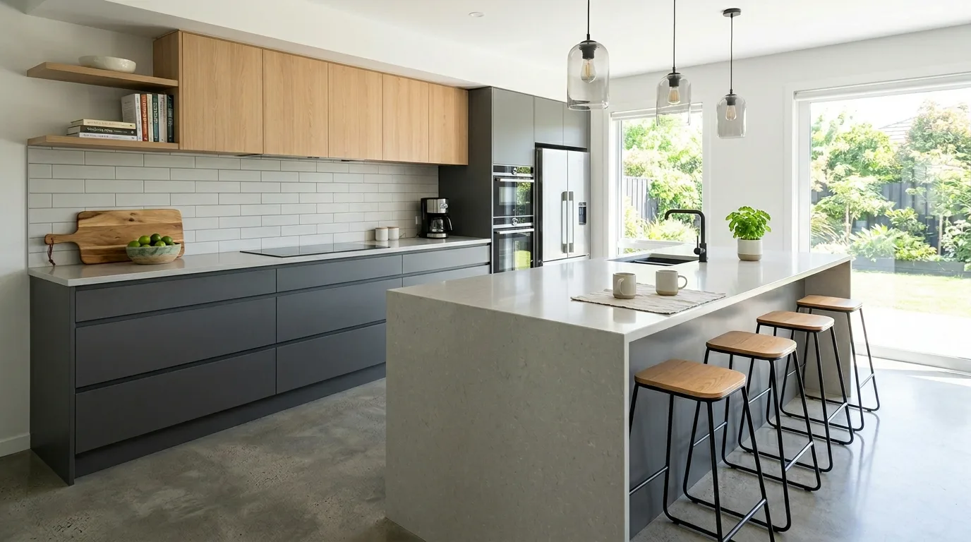 Rounded breakfast bar edge improving flow in a compact kitchen layout.