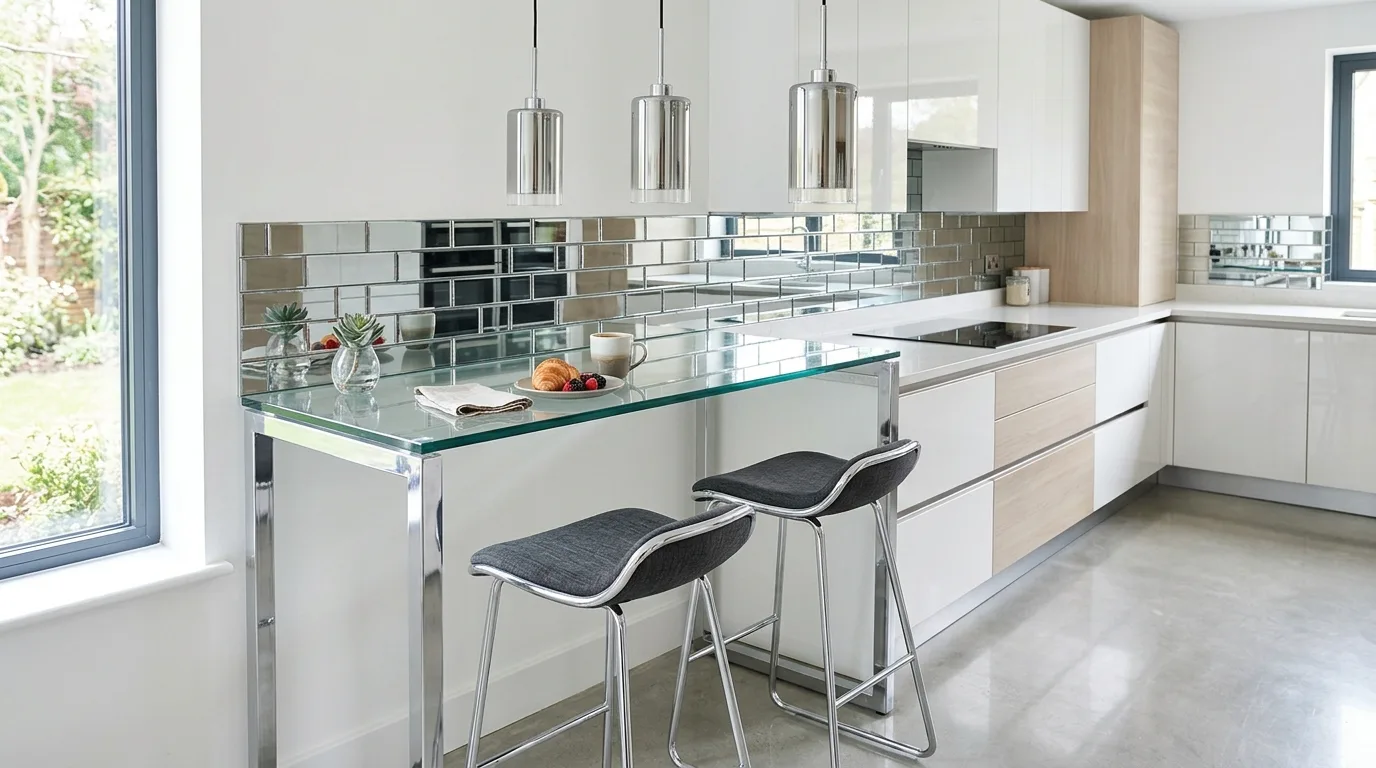 Compact breakfast bar with pendant lights in a stylish small kitchen.