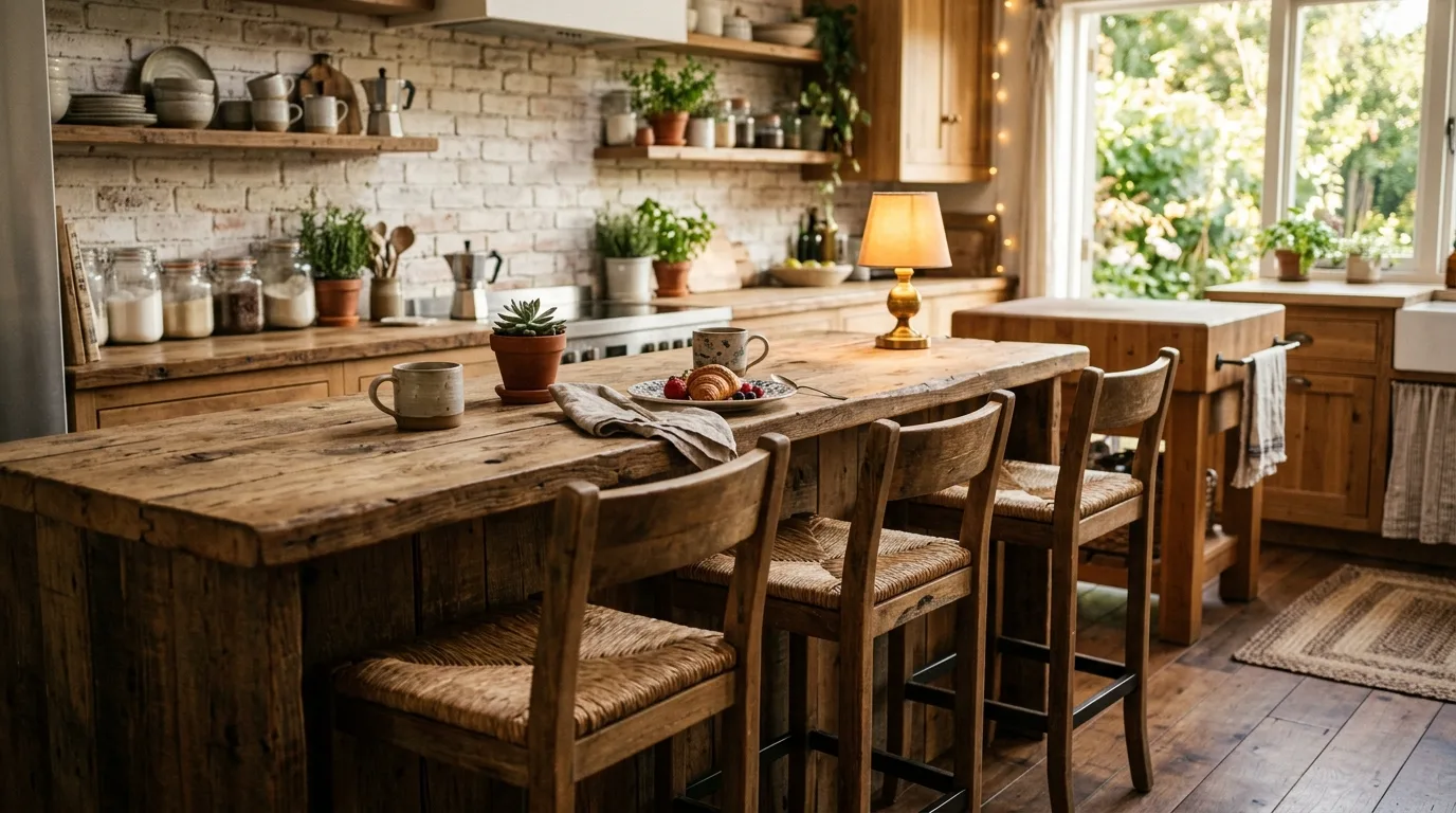 Small breakfast bar mixing stone countertops with warm wood accents.