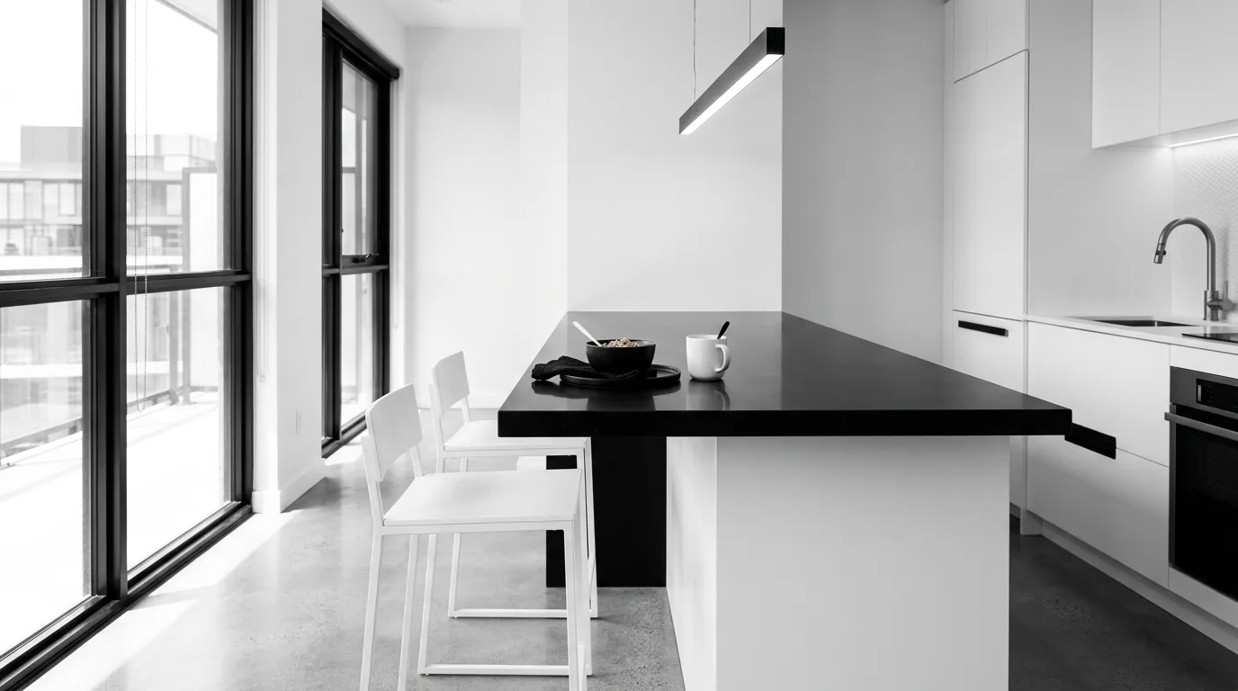 Small kitchen layout combining a breakfast bar with a compact banquette.