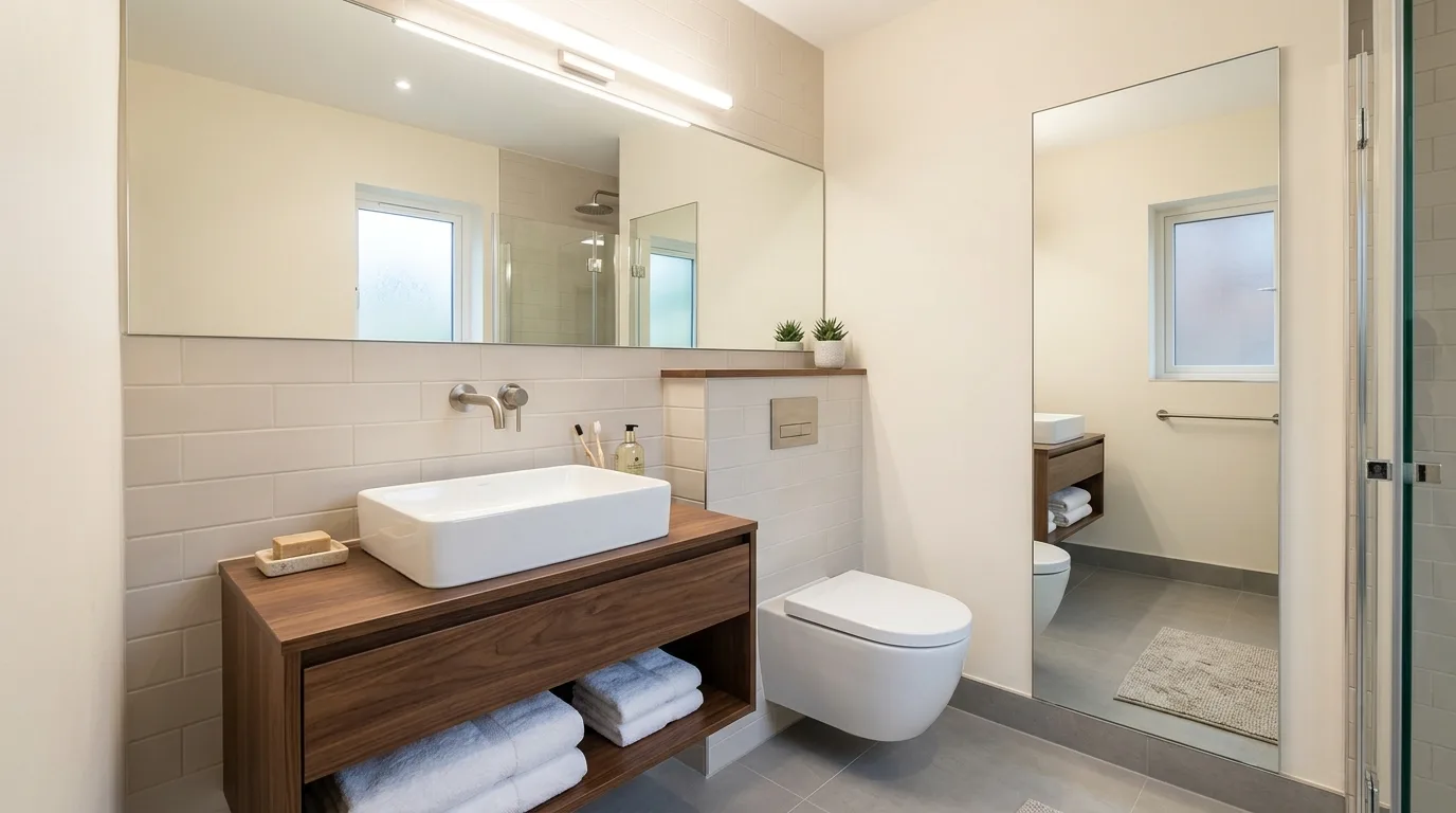 Small luxury bathroom with floating vanity, large mirror, and spa-like stone finishes.