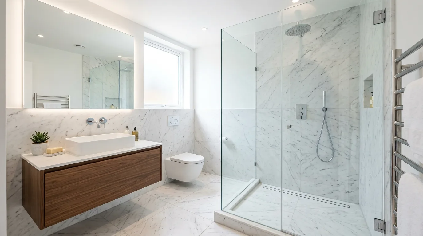 Small bathroom with a floating vanity and airy open floor space.