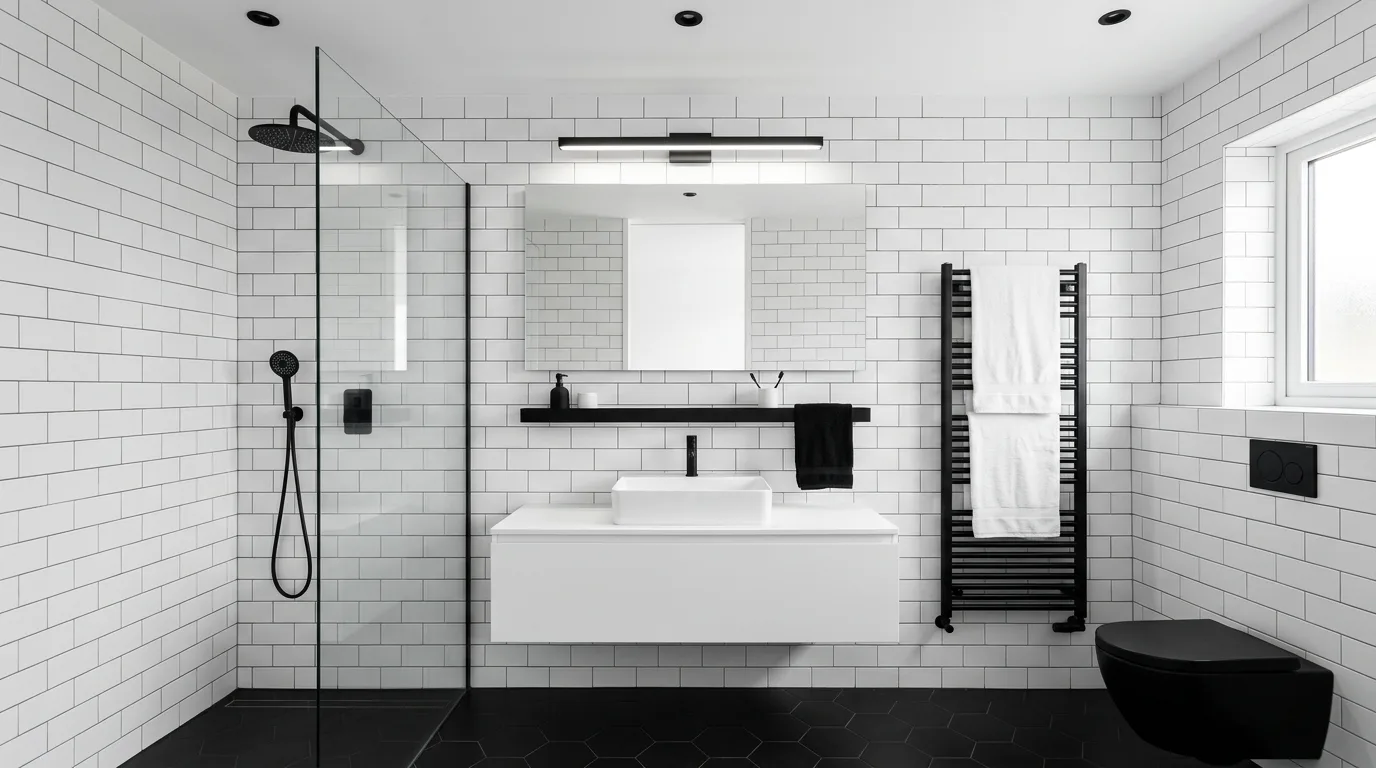 Compact bathroom with a glass shower screen and clean open look.