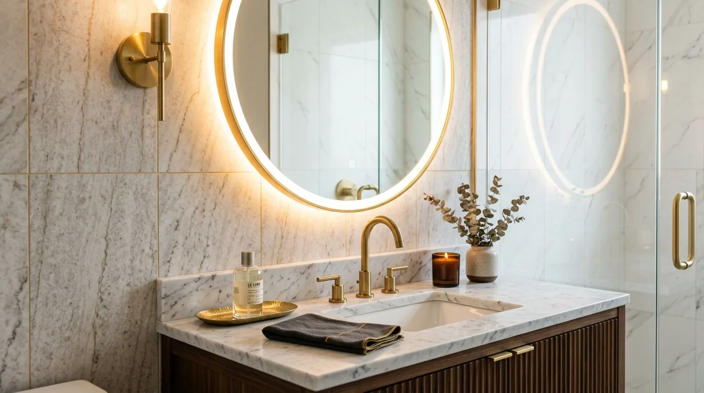 Luxurious small bathroom with warm vanity lighting and soft finishes.