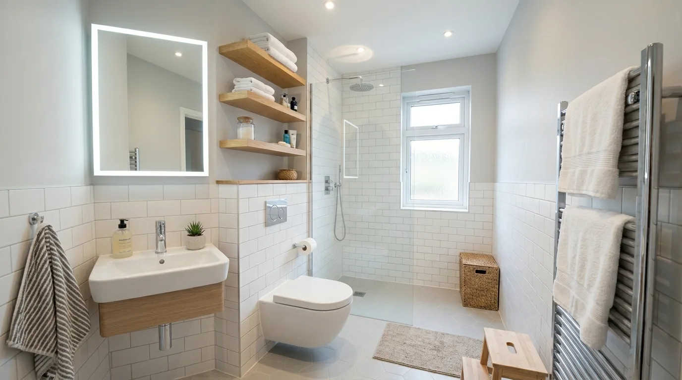 Small bathroom with stone-look surfaces creating a spa-like feel.