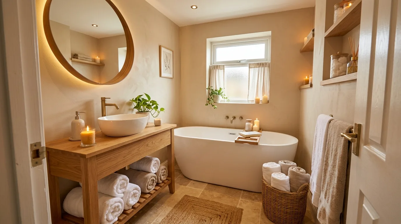 Shower niche providing sleek built-in storage in a small bathroom.