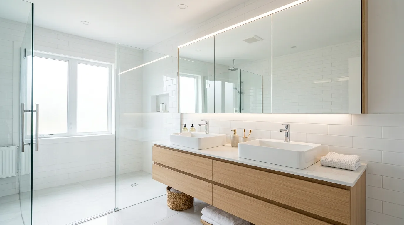 Compact bathroom with wall-mounted faucet and a refined vanity setup.