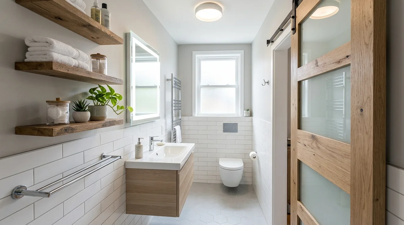 Small luxury bathroom in a light textured neutral palette.