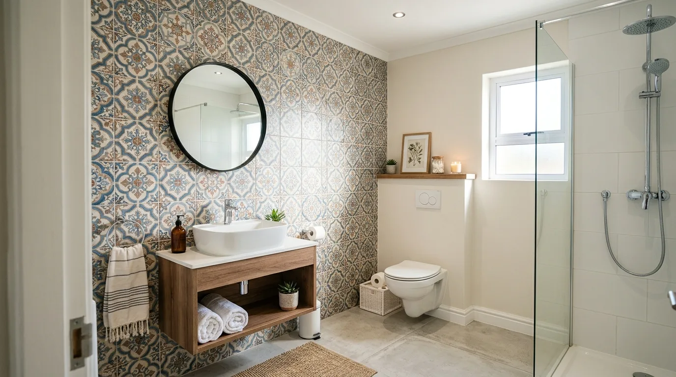 Small bathroom with one standout tile feature adding style.