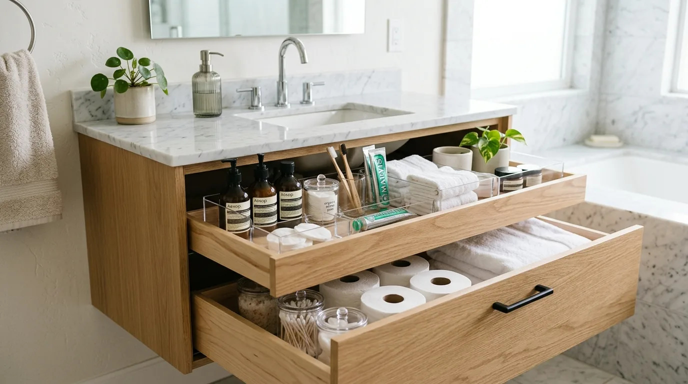 Small bathroom with rounded mirror and softly styled fixtures.