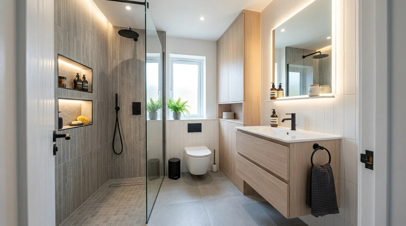 Compact bathroom with a lightly styled open shelf and towels.