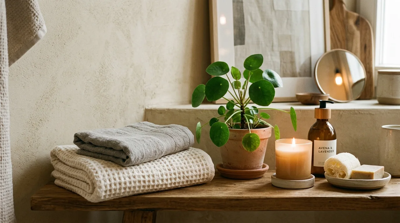 Small bathroom with a slim vanity offering smart drawer storage.