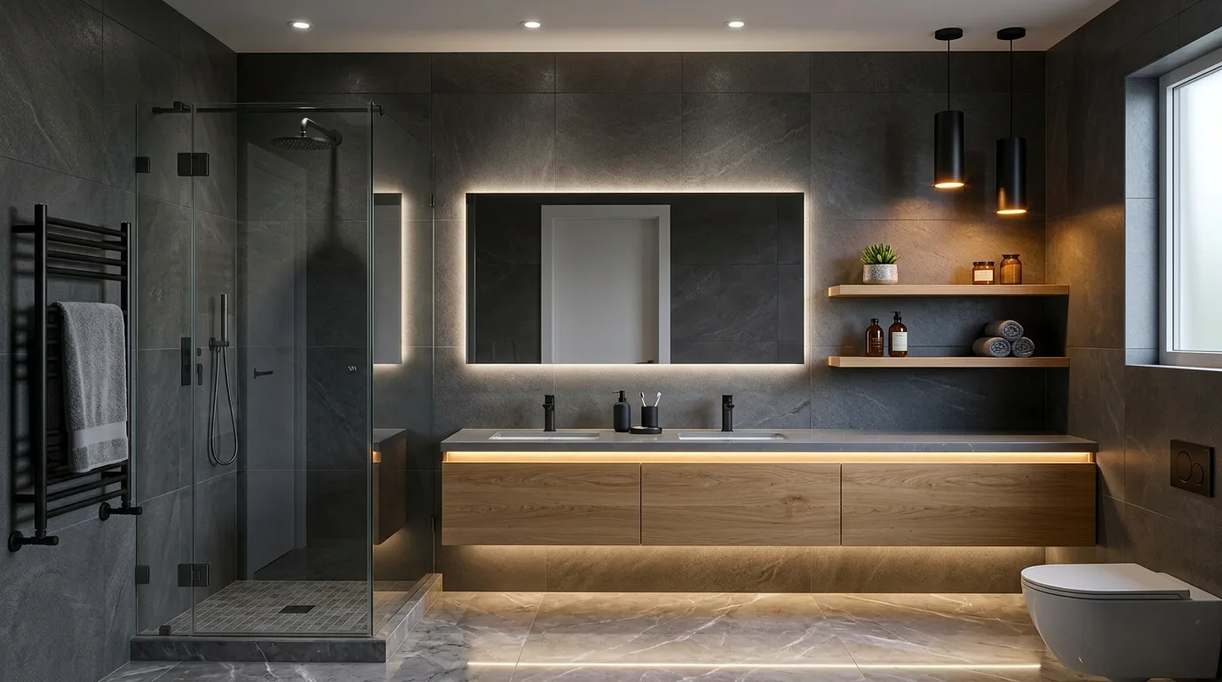 Small spa-like bathroom with frameless clean-lined details.