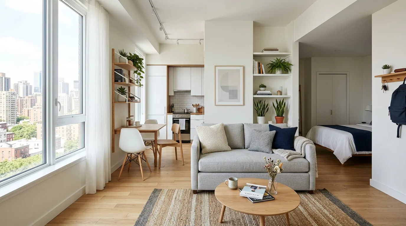 Space-saving studio apartment layout designed for stylish urban living.
