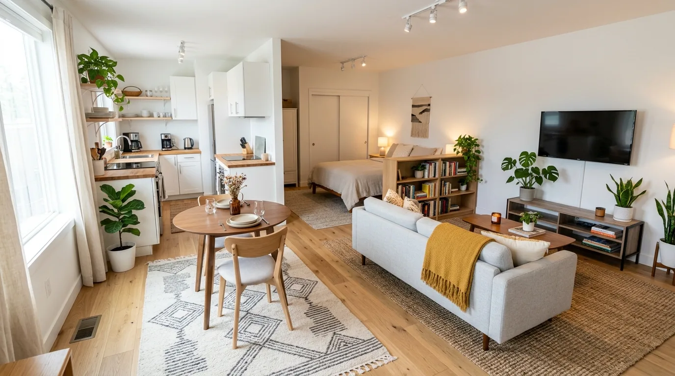 Stylish studio apartment using a floating sofa to divide zones.