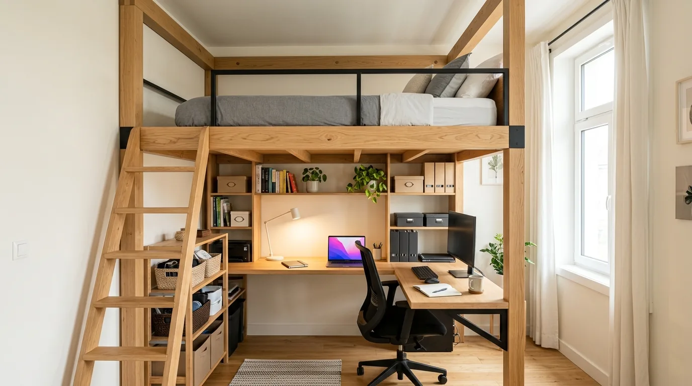 Studio apartment bed nook separated with a soft curtain divider.