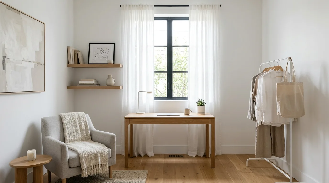 Studio layout using one table as both dining area and workspace.