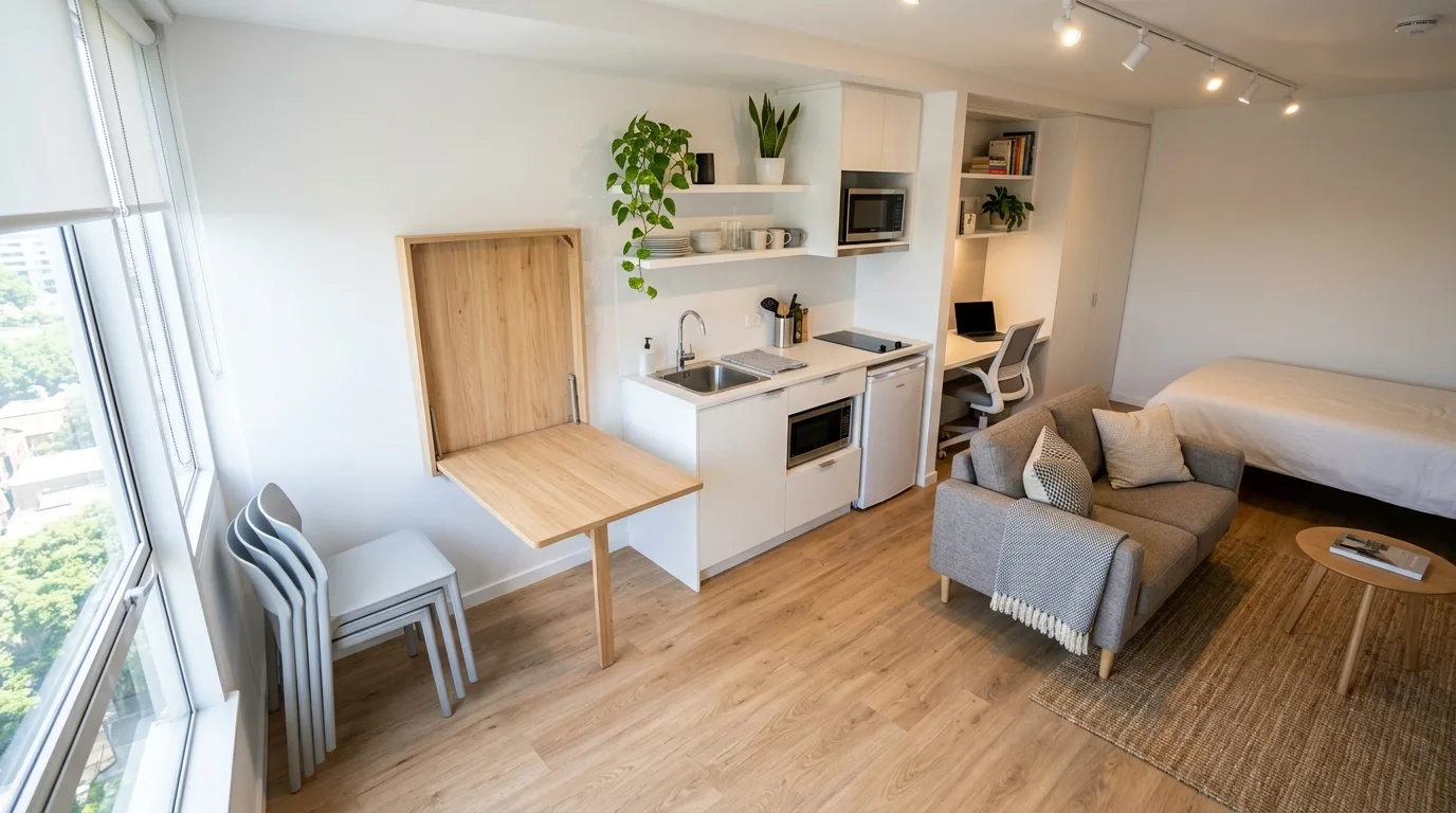 Small studio apartment with tall vertical shelving for stylish storage.