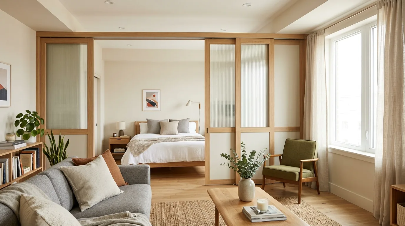 Airy studio apartment layout using open furniture to preserve light and space.