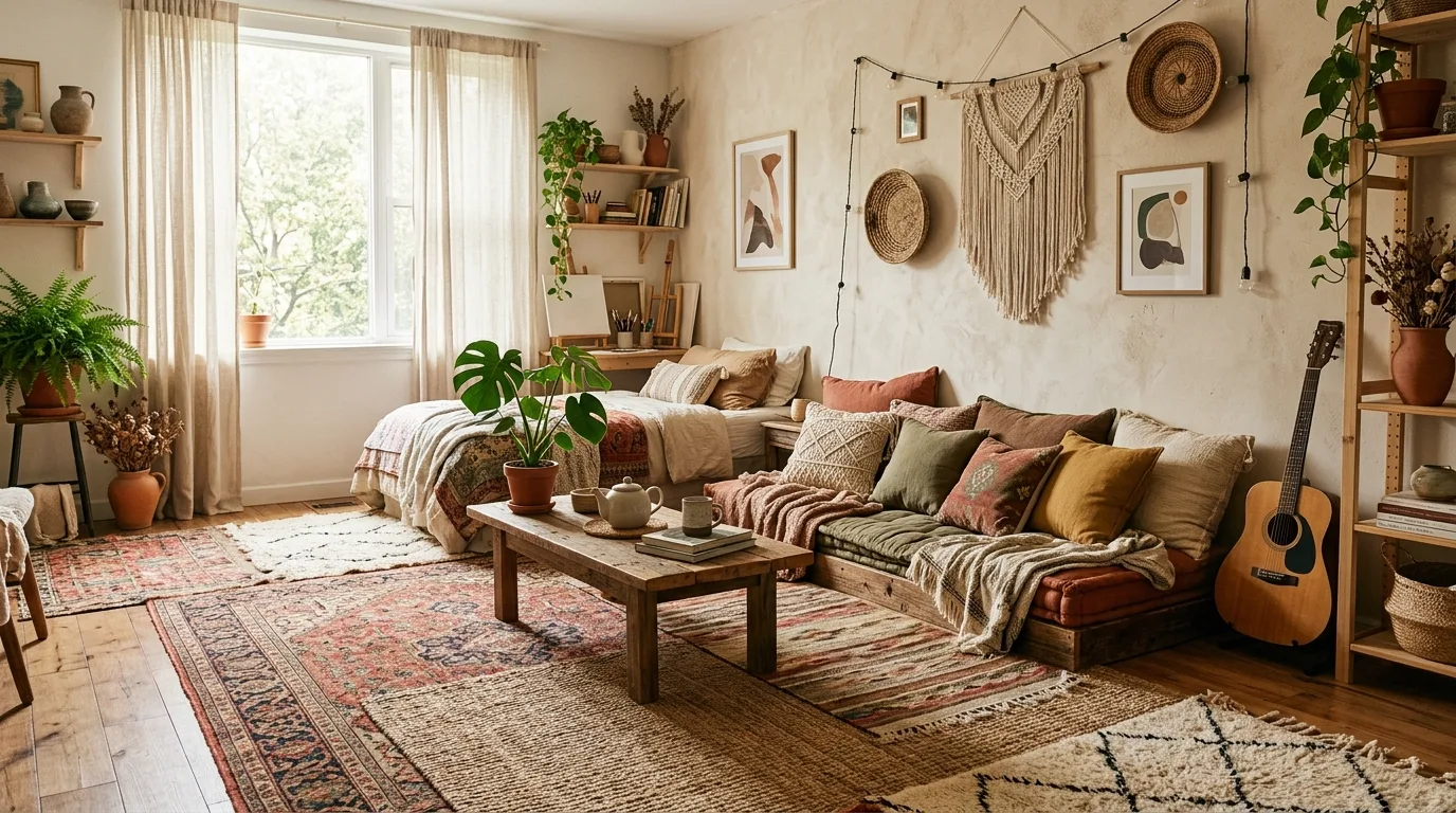 Studio apartment with a console table behind the sofa for zoning and storage.
