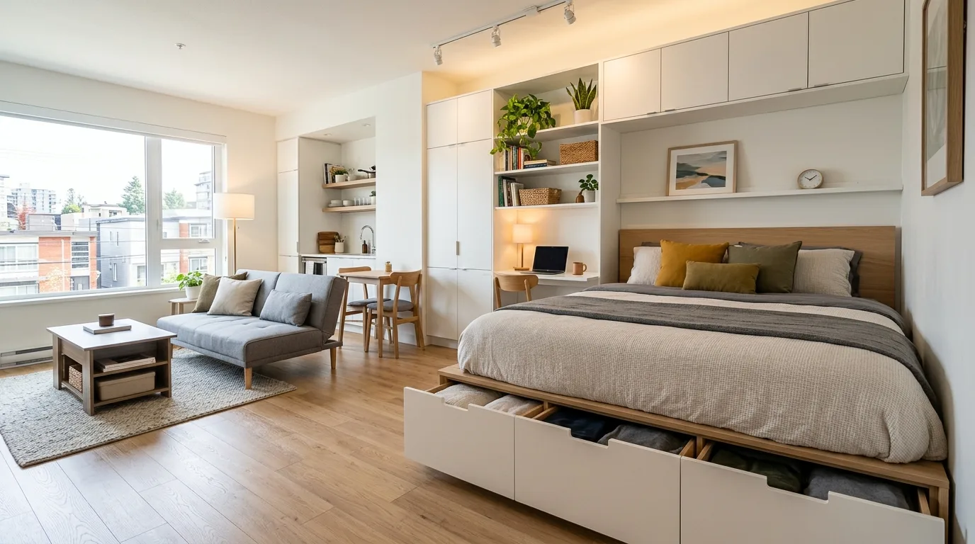 Stylish studio apartment using mirrors to visually expand the space.