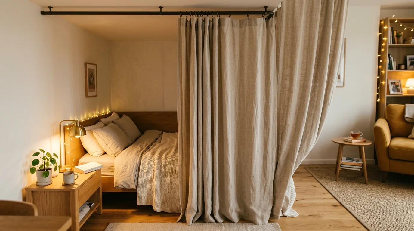 Studio apartment with a consistent color palette across living and sleeping zones.