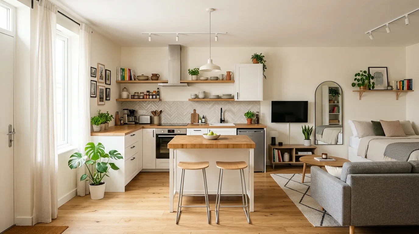 Studio apartment layout with layered lighting creating separate functional zones.