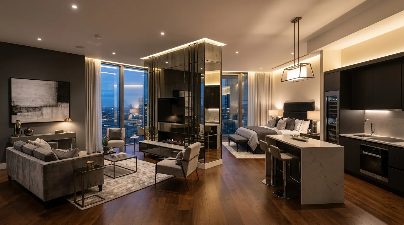 Studio apartment with one strong focal wall anchoring the stylish small-space layout.