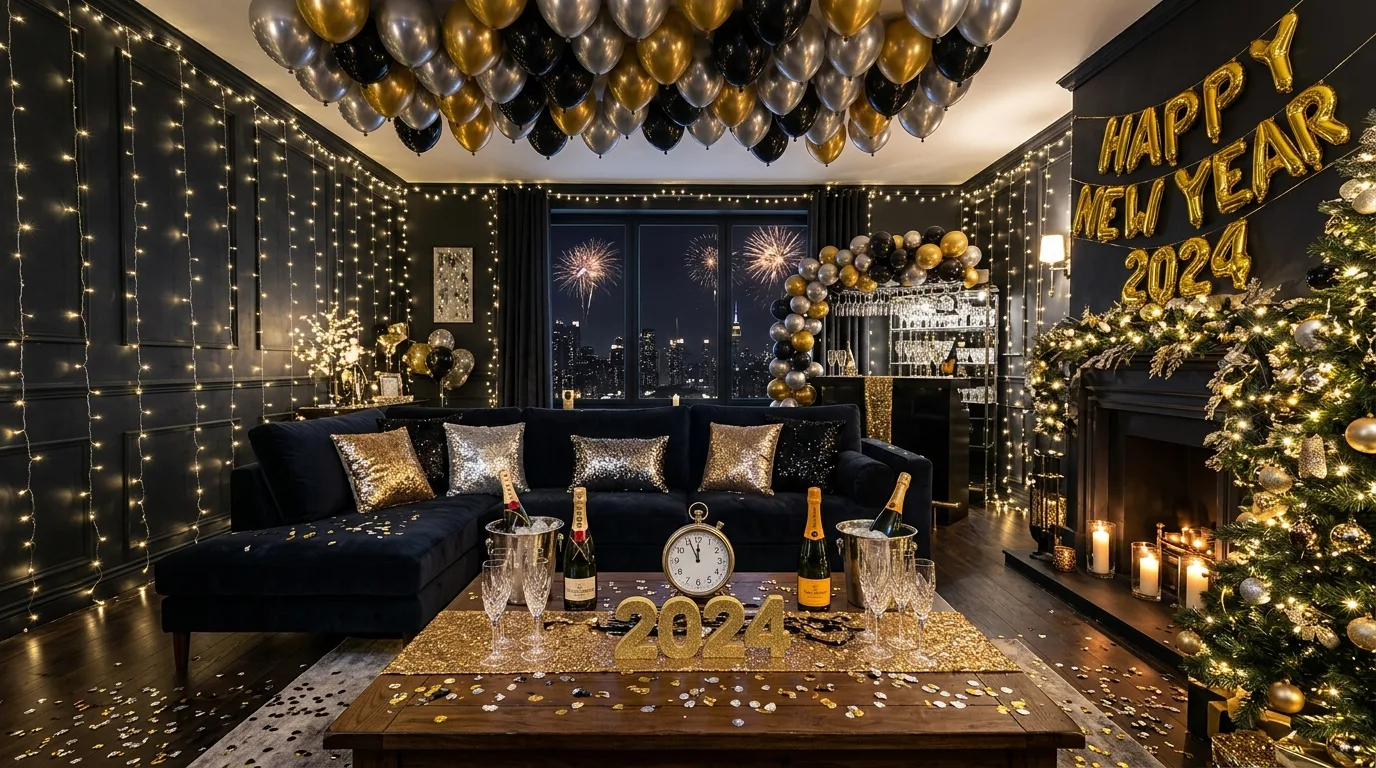 Sparkly glam New Year decor with metallic accents, candles, and a midnight celebration mood.