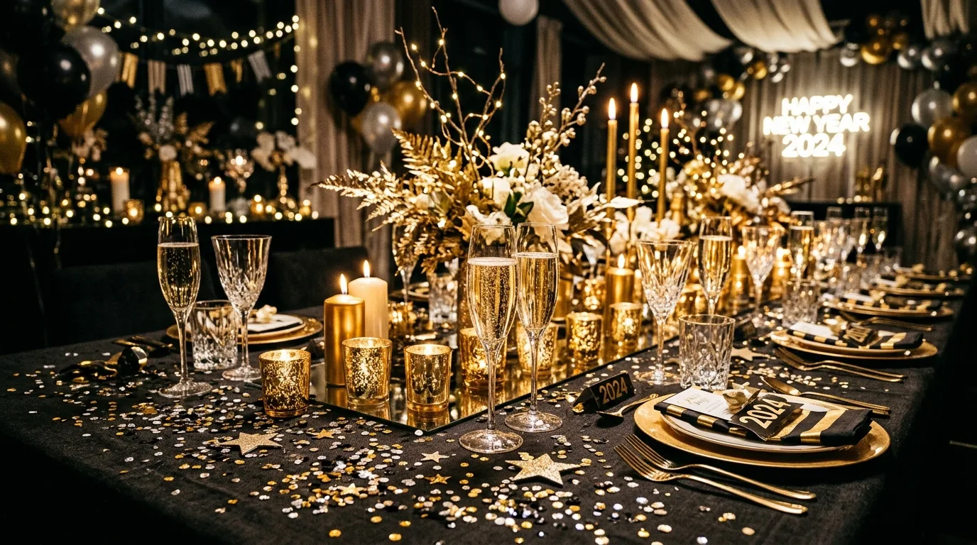 New Year decor with metallic balloon cluster in a glam color palette.