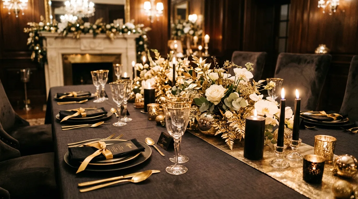 New Year bar cart styled with champagne glasses and glamorous accents.