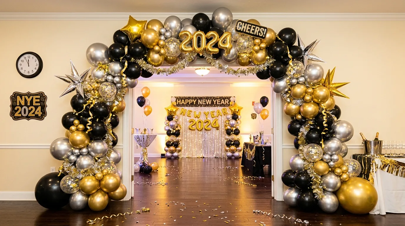 New Year table decorated with candlelight and a glamorous evening mood.