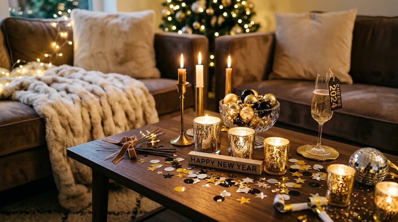 Glam New Year table with a metallic runner and sparkling details.