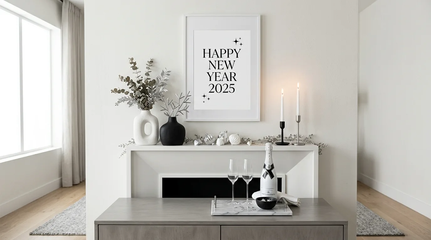 New Year party wall with countdown signage and sparkling decorations.