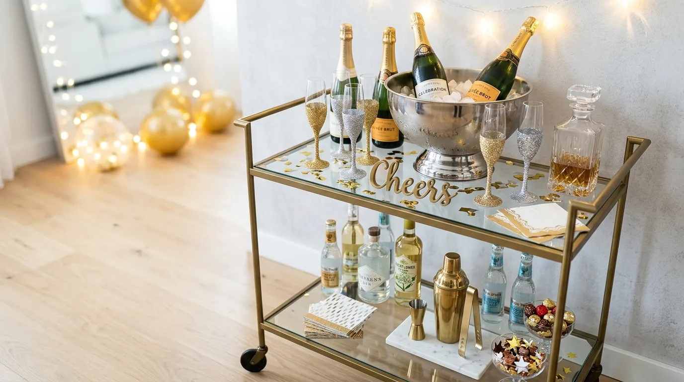 Glam New Year centerpiece with metallic and sparkling decorative elements.