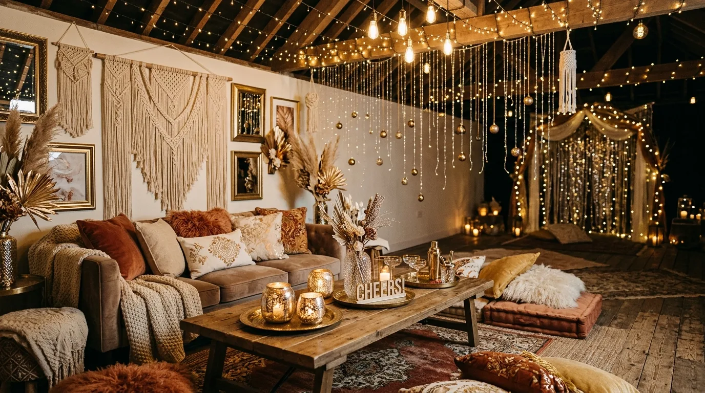 New Year doorway decorated with lights and glamorous metallic details.