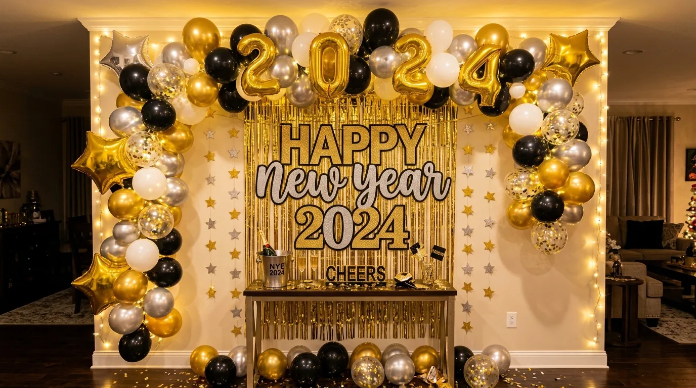 Glam New Year lounge with velvet seating and candlelit decor.