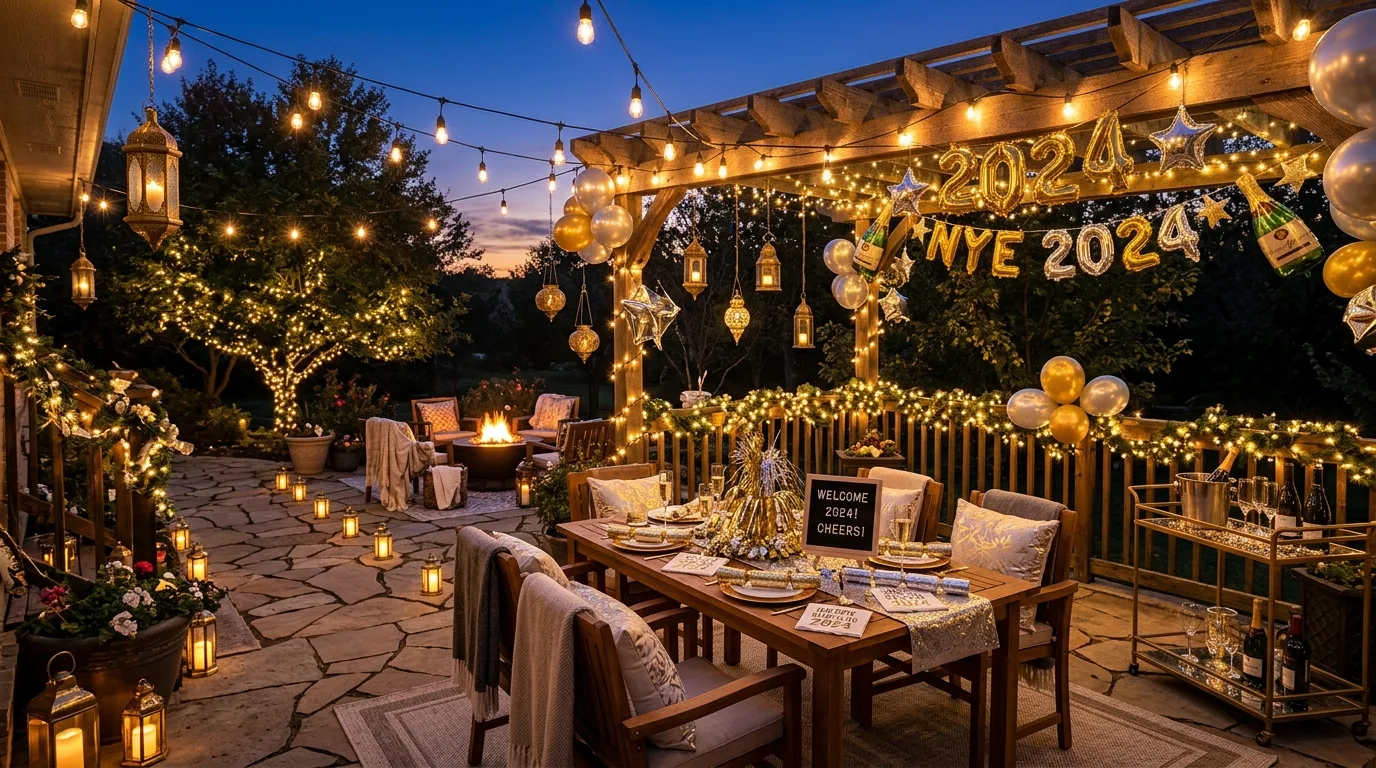 Sparkling New Year celebration decor with an edited glamorous midnight mood.