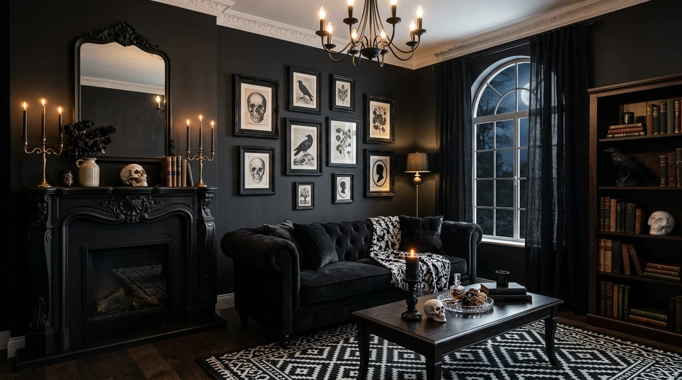 Spooky chic Halloween home decor styled for a hauntingly beautiful interior.