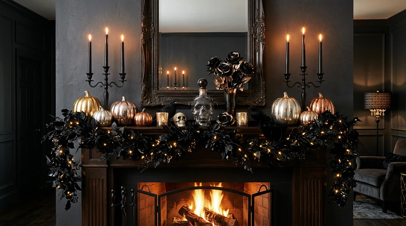 Halloween mantel styled with black pumpkins and warm candlelight.
