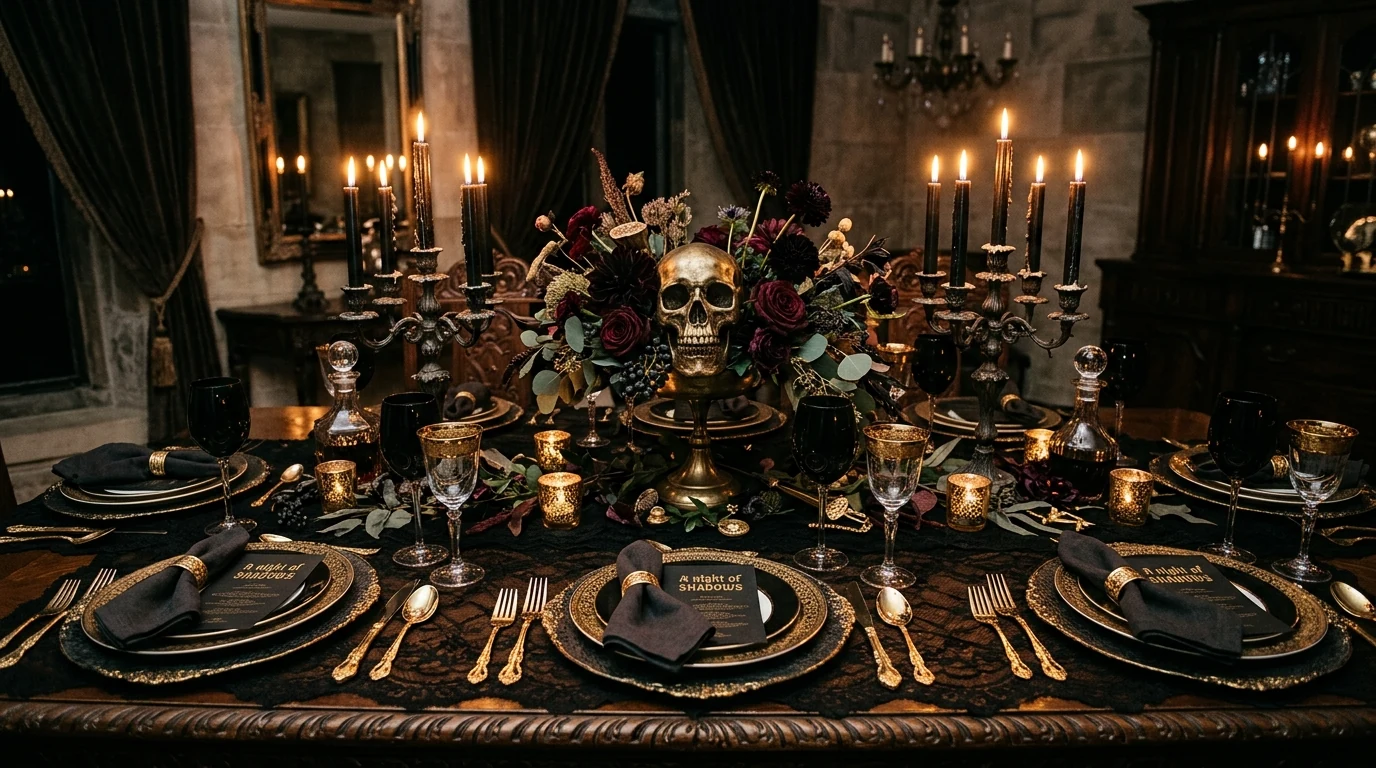 Gothic Halloween dining table with dark linens and dramatic candlelight.