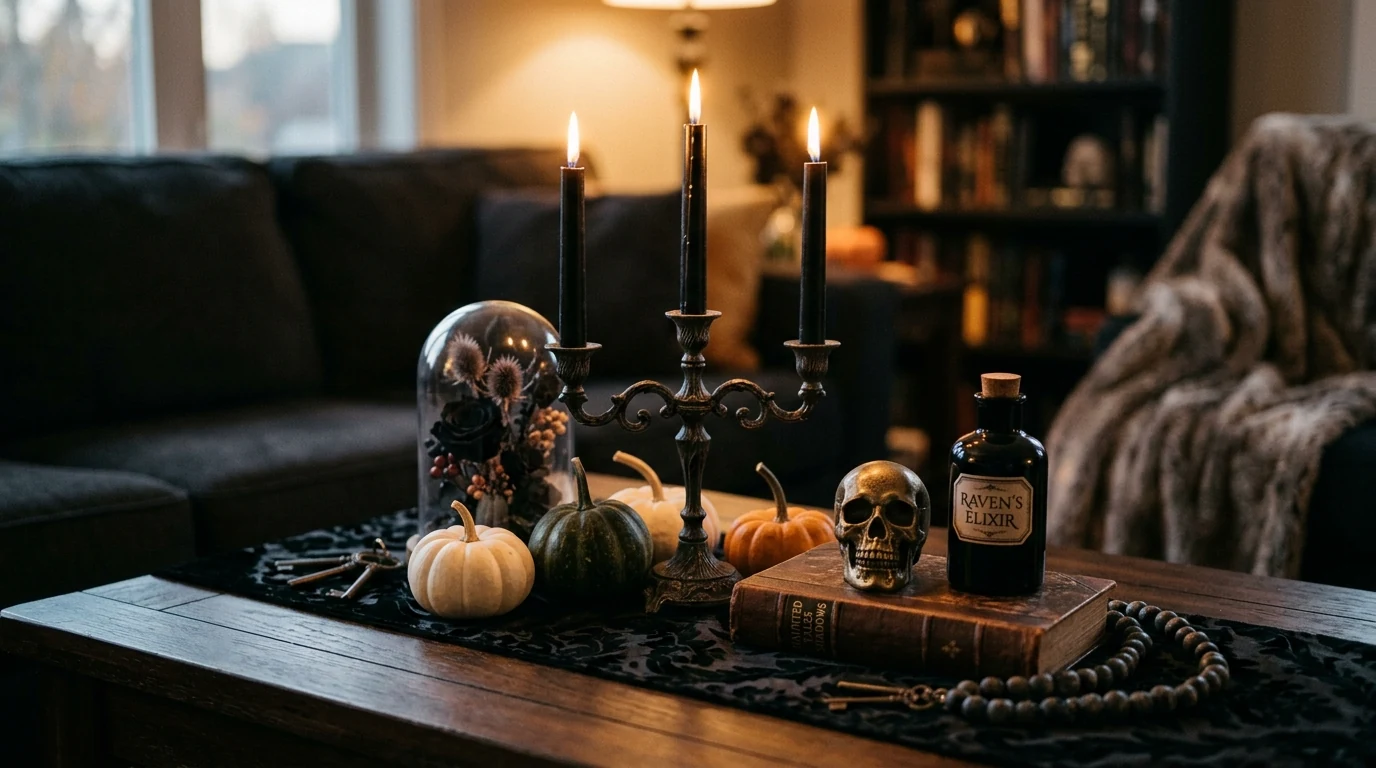 Halloween console table decorated with eerie candle clusters.