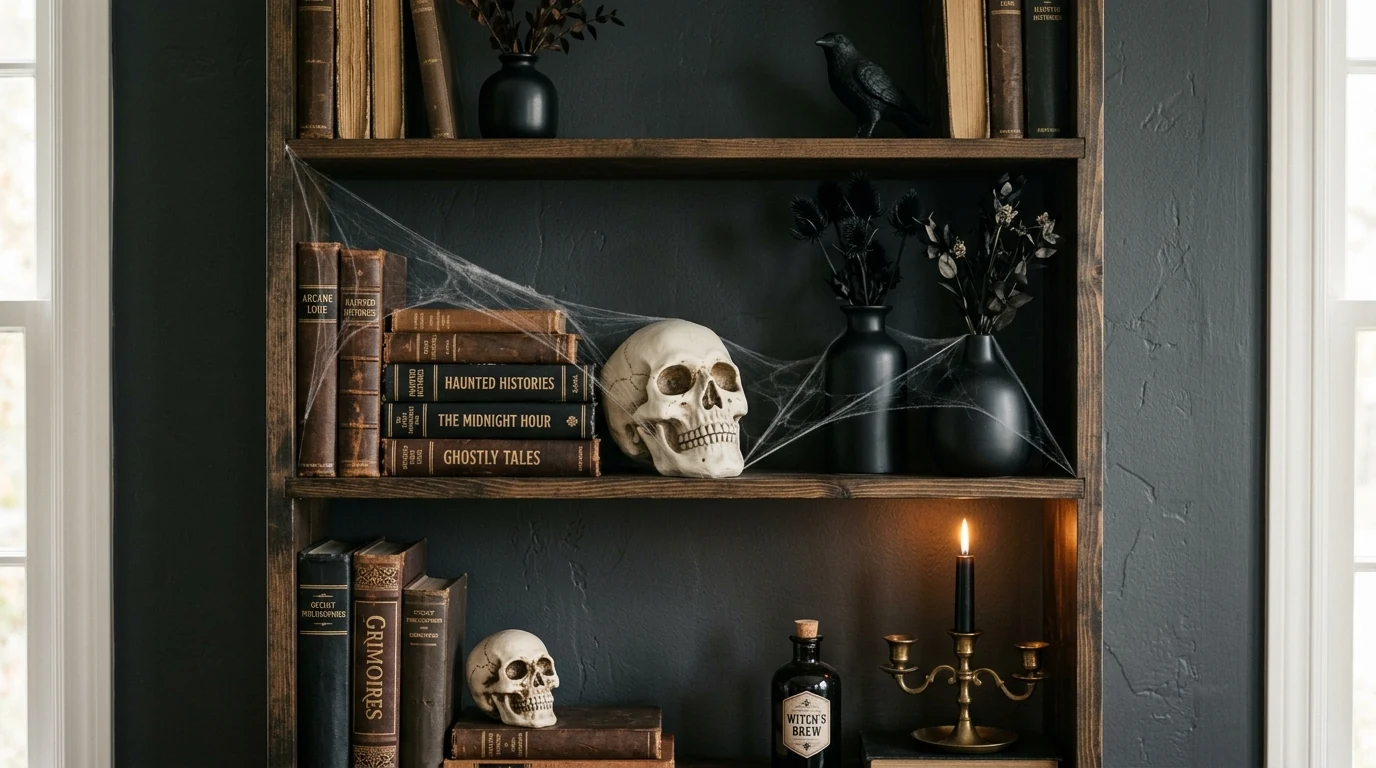 Chic Halloween decor blending skeleton details with moody florals.
