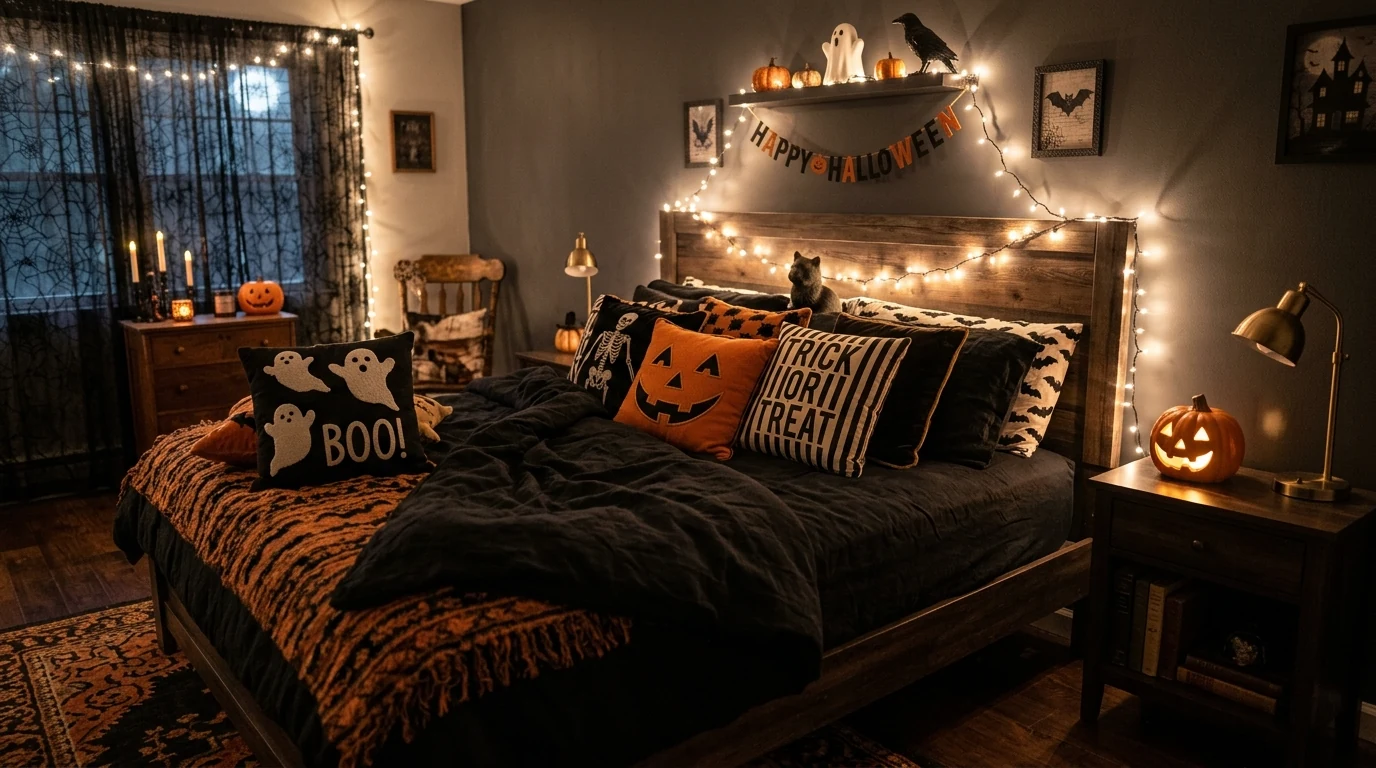 Halloween home decor using black lace and velvet for a chic moody look.