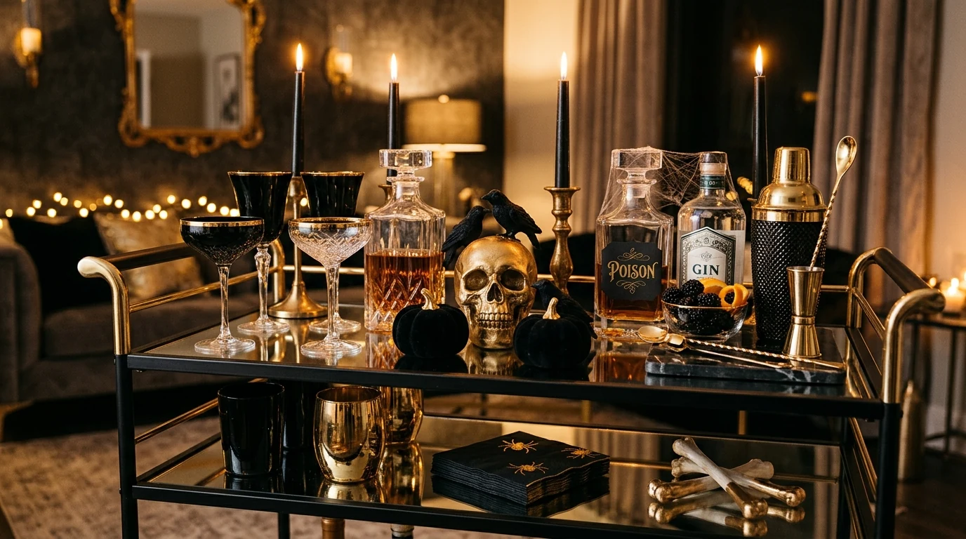 Halloween bookshelf styled with ravens, books, candles, and dark decor.